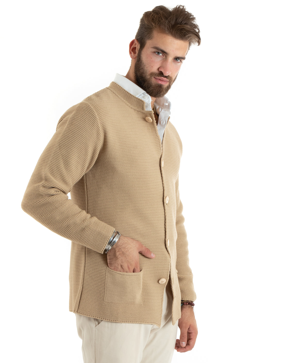 Cardigan Uomo Collo Coreano Giacca Monopetto Con Bottoni Beige GIOSAL-M2672A