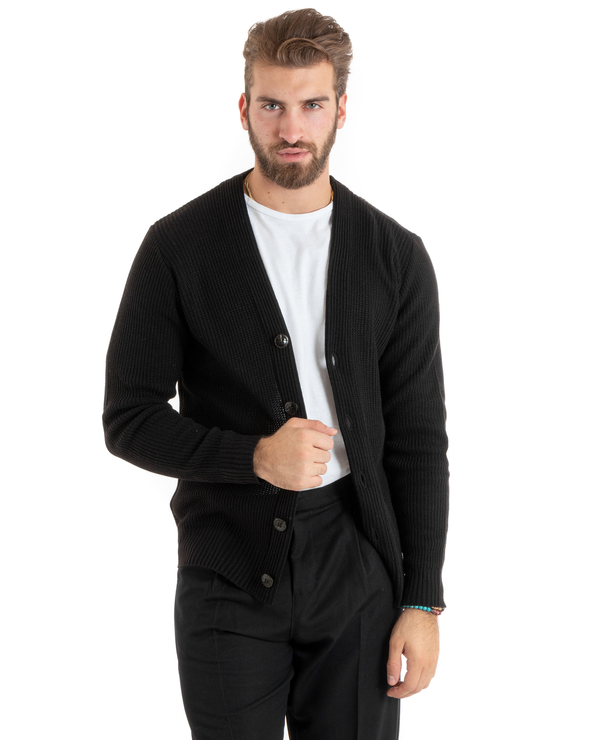 Herren-Cardigan mit Knöpfen, V-Ausschnitt, englischer Strick, Schwarz, GIOSAL-M2675A