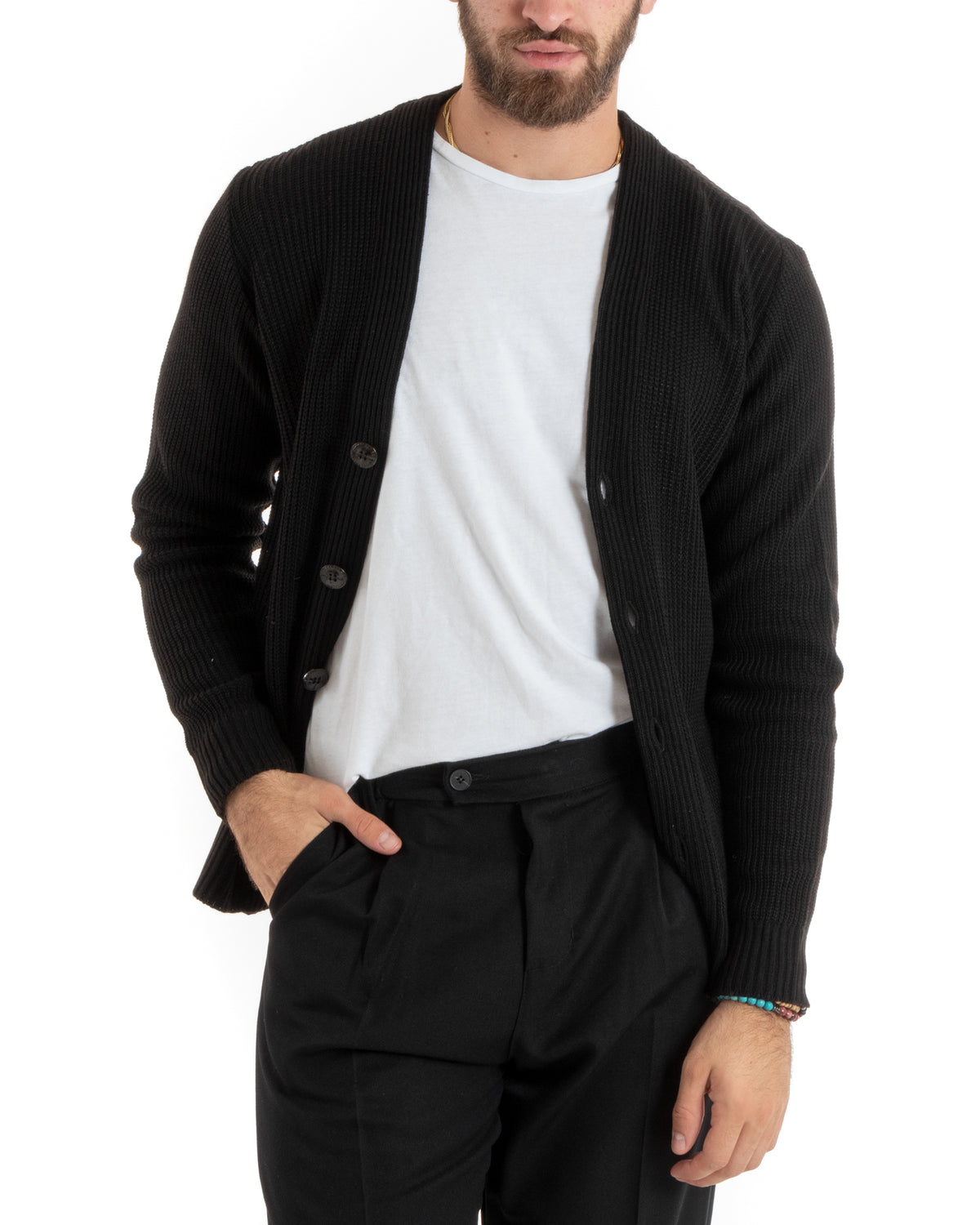 Herren-Cardigan mit Knöpfen, V-Ausschnitt, englischer Strick, Schwarz, GIOSAL-M2675A
