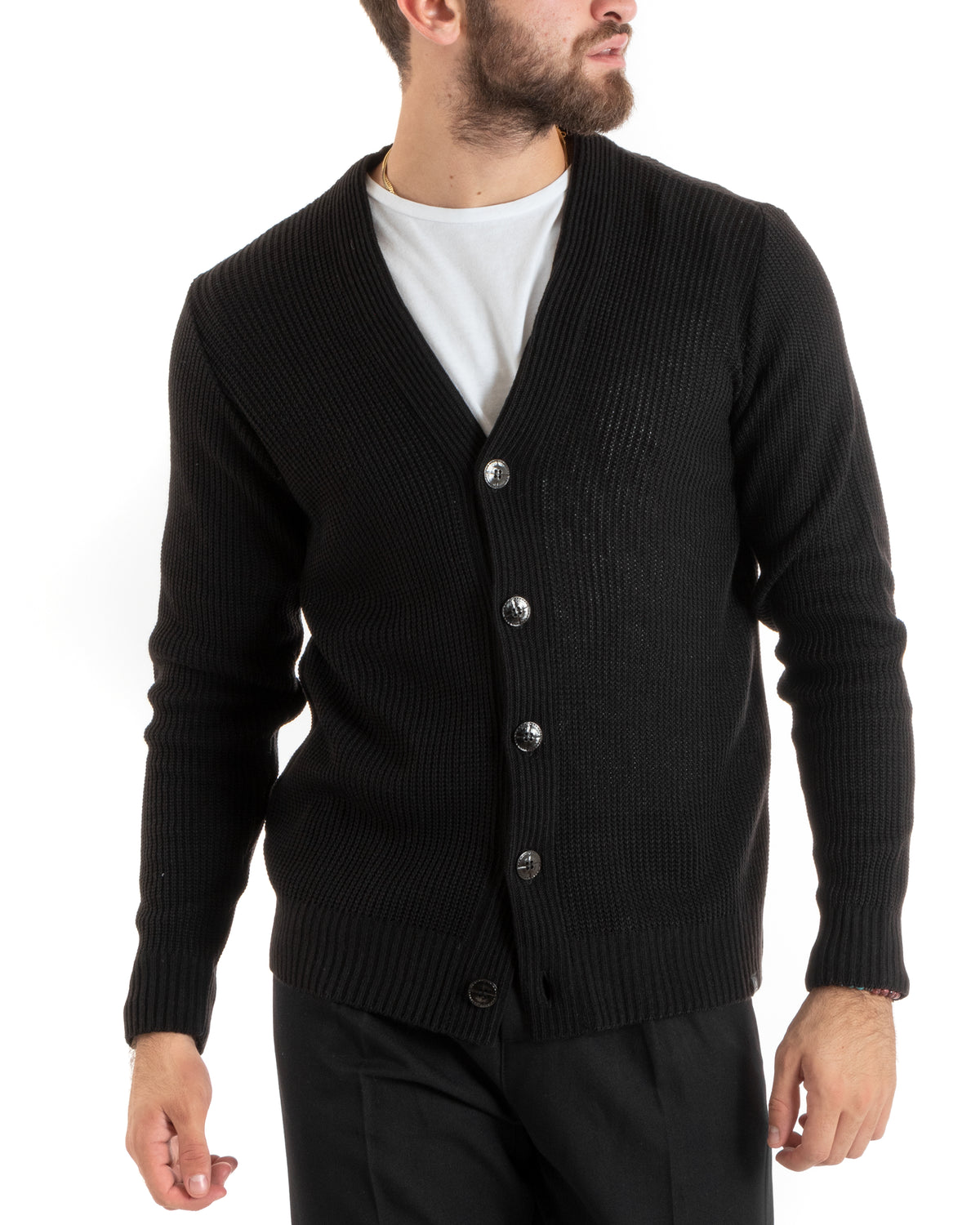 Herren-Cardigan mit Knöpfen, V-Ausschnitt, englischer Strick, Schwarz, GIOSAL-M2675A