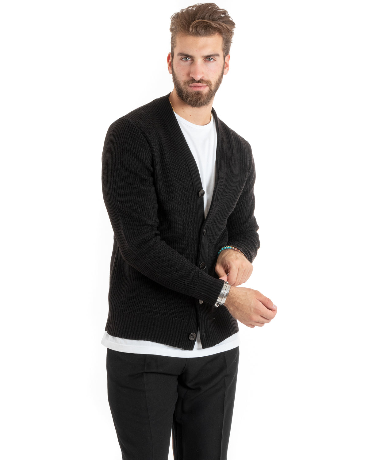Herren-Cardigan mit Knöpfen, V-Ausschnitt, englischer Strick, Schwarz, GIOSAL-M2675A