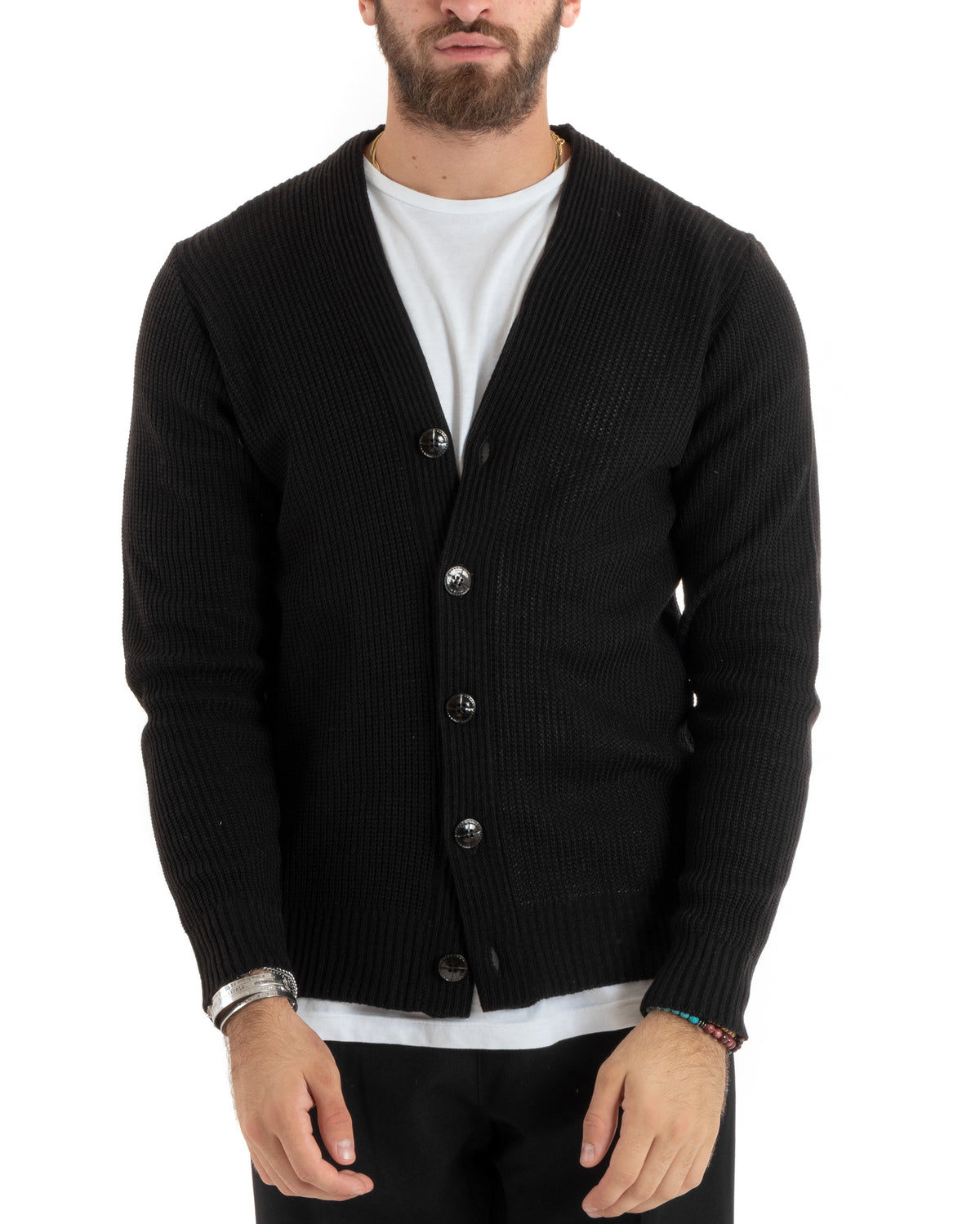Herren-Cardigan mit Knöpfen, V-Ausschnitt, englischer Strick, Schwarz, GIOSAL-M2675A