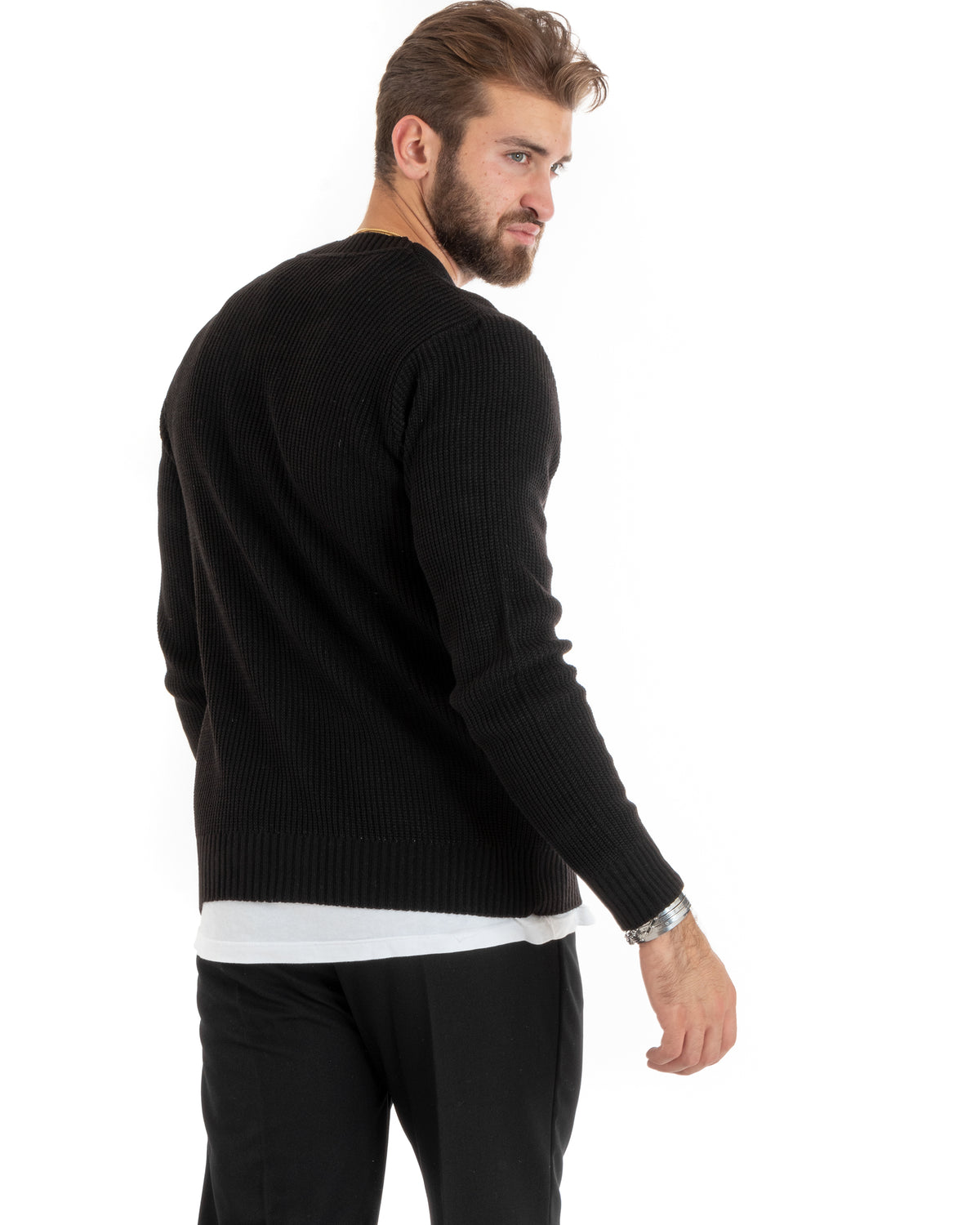 Herren-Cardigan mit Knöpfen, V-Ausschnitt, englischer Strick, Schwarz, GIOSAL-M2675A