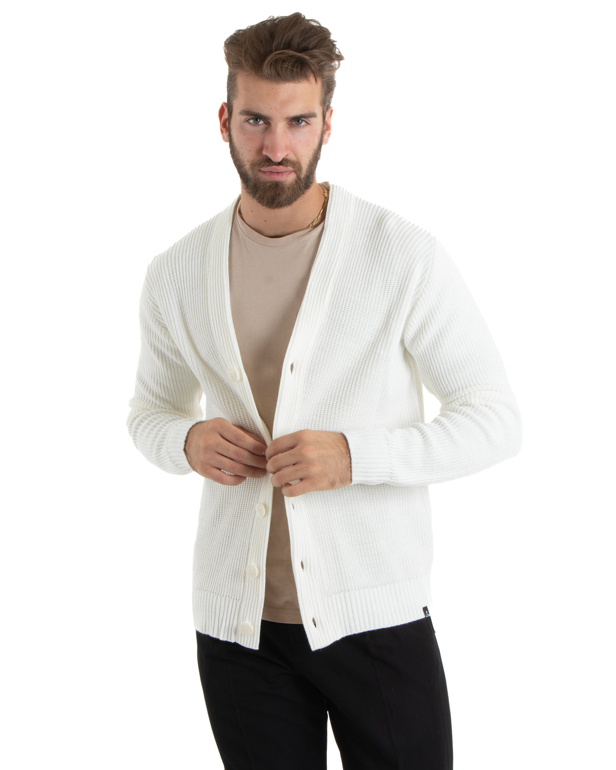 Herren-Cardigan mit Knöpfen, V-Ausschnitt, englischer Strick, Creme, GIOSAL-M2676A