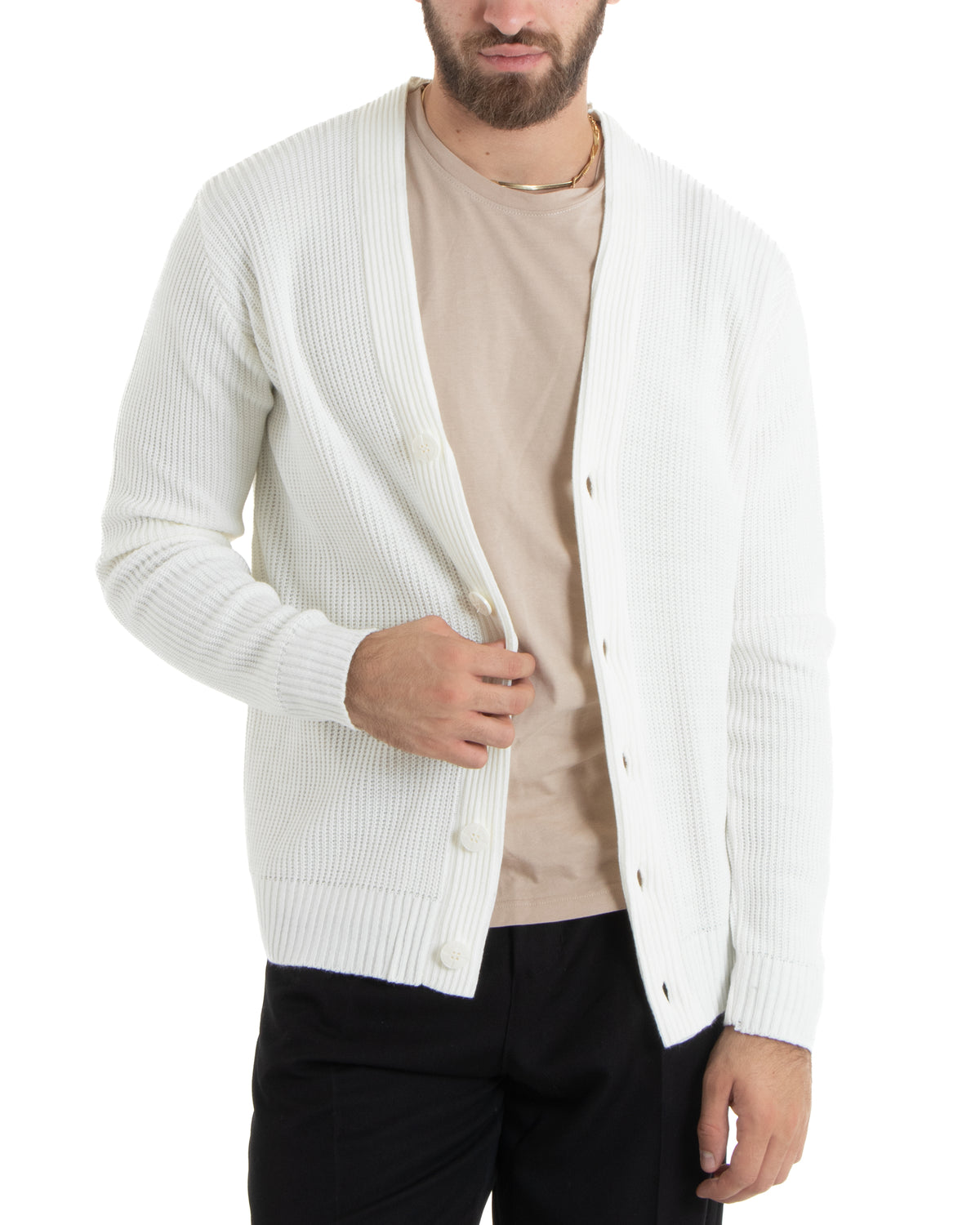 Herren-Cardigan mit Knöpfen, V-Ausschnitt, englischer Strick, Creme, GIOSAL-M2676A