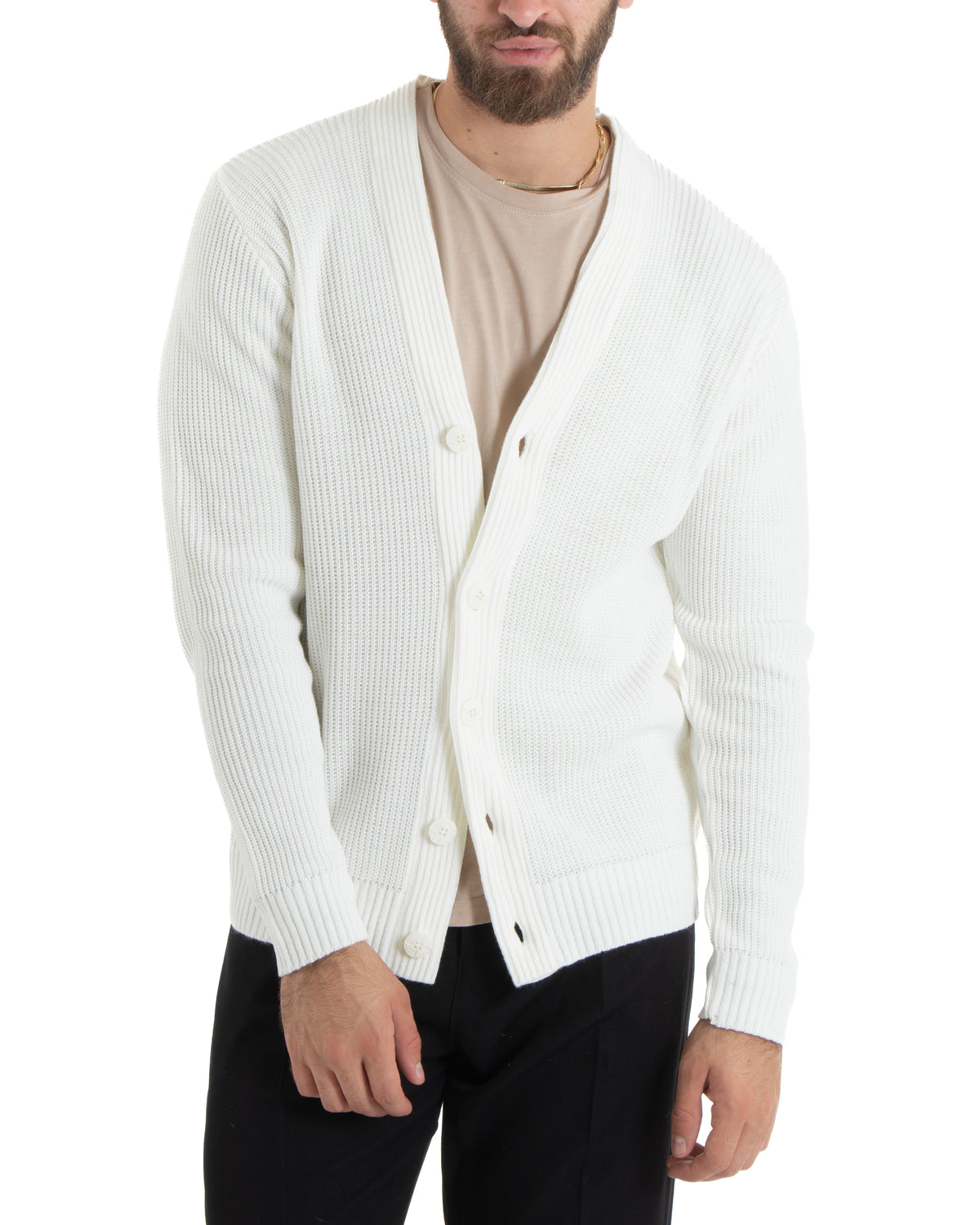 Herren-Cardigan mit Knöpfen, V-Ausschnitt, englischer Strick, Creme, GIOSAL-M2676A