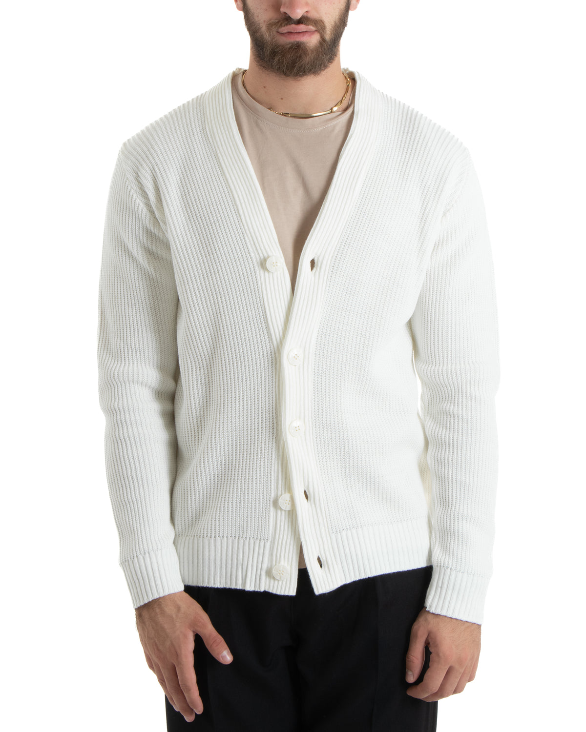 Herren-Cardigan mit Knöpfen, V-Ausschnitt, englischer Strick, Creme, GIOSAL-M2676A