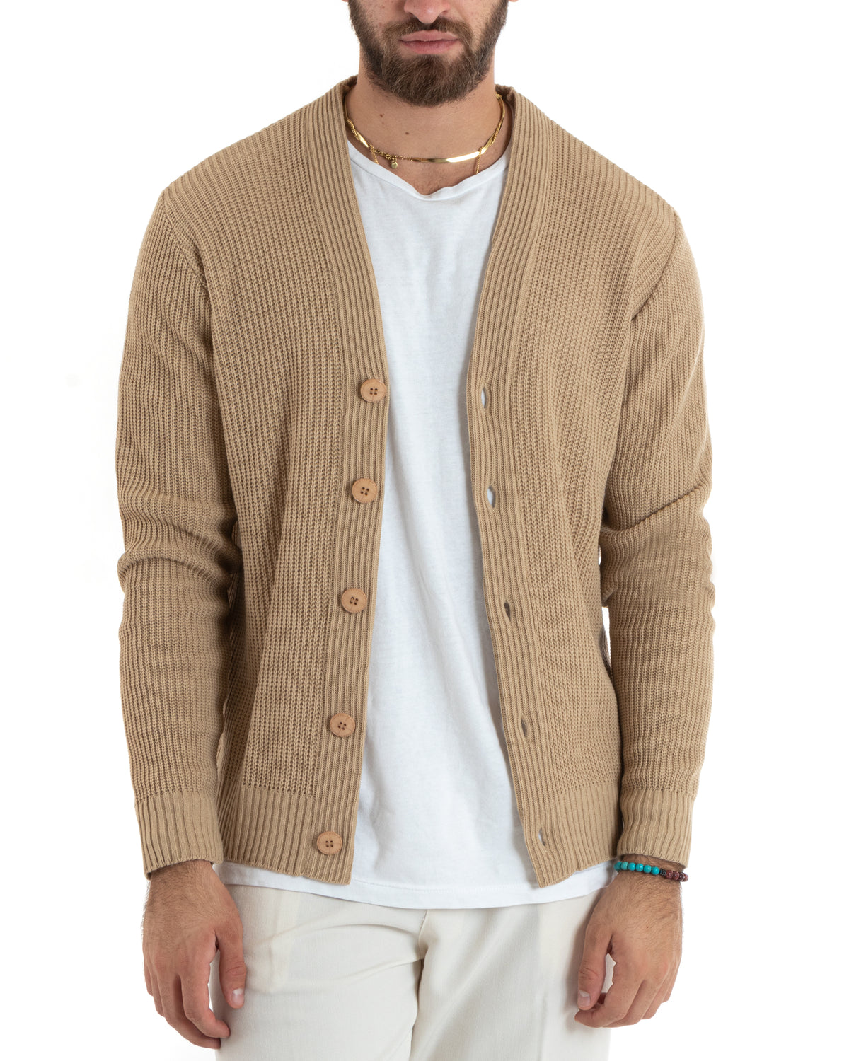 Men's Cardigan Jacket With Buttons V-Neck Sweater English Knit Beige GIOSAL-M2677A