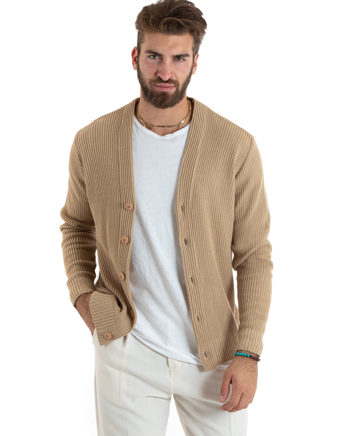 Men's Cardigan Jacket With Buttons V-Neck Sweater English Knit Beige GIOSAL-M2677A