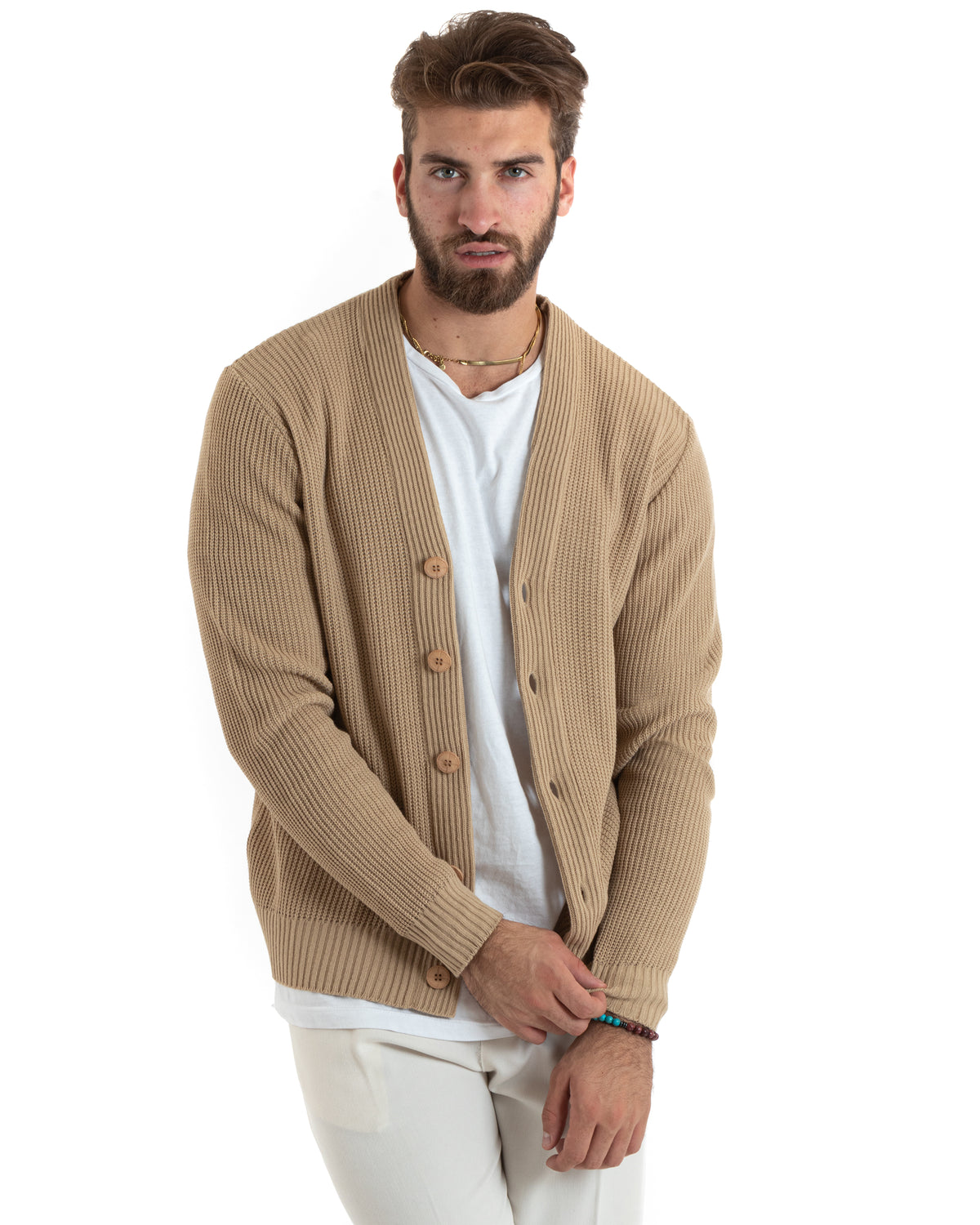 Men's Cardigan Jacket With Buttons V-Neck Sweater English Knit Beige GIOSAL-M2677A