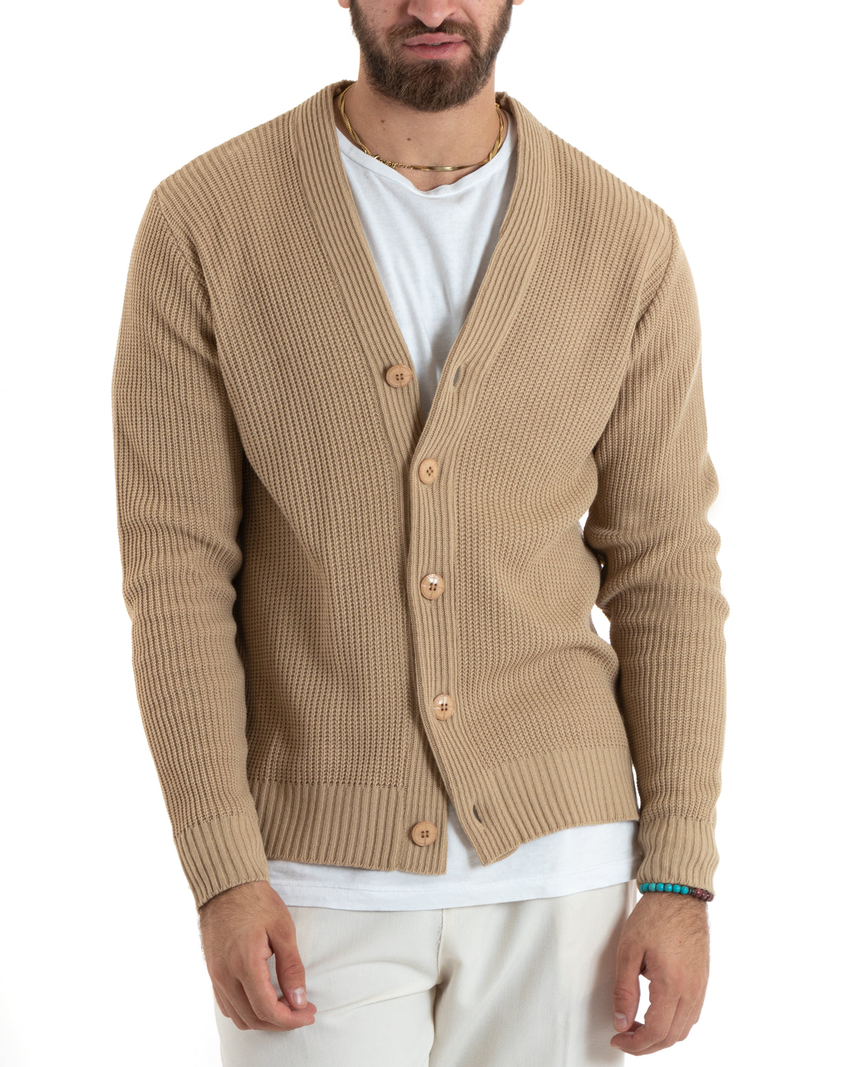 Men's Cardigan Jacket With Buttons V-Neck Sweater English Knit Beige GIOSAL-M2677A