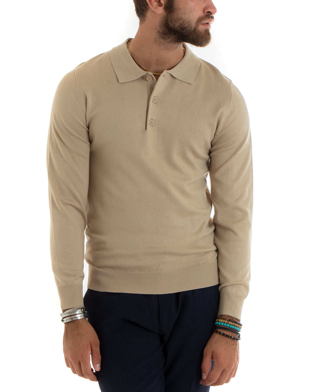 Maglioncino Uomo Casual Maglia Con Colletto Polo Tinta Unita Basic Beige GIOSAL-M2681A