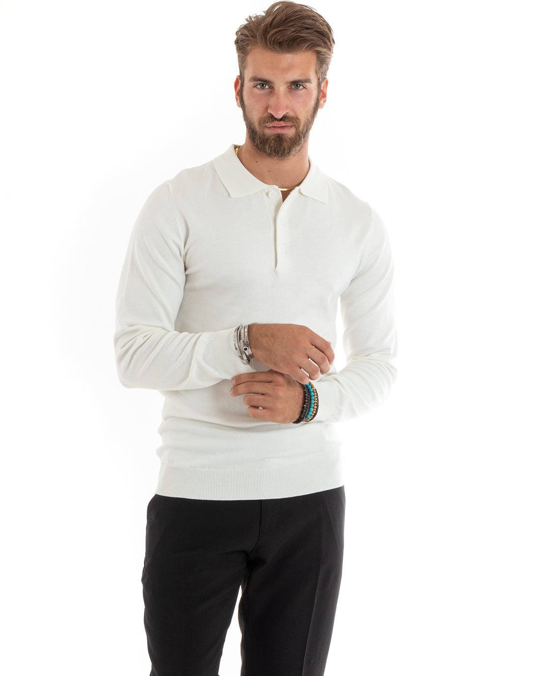 Maglioncino Uomo Casual Maglia Con Colletto Polo Tinta Unita Basic Bianco GIOSAL-M2683A