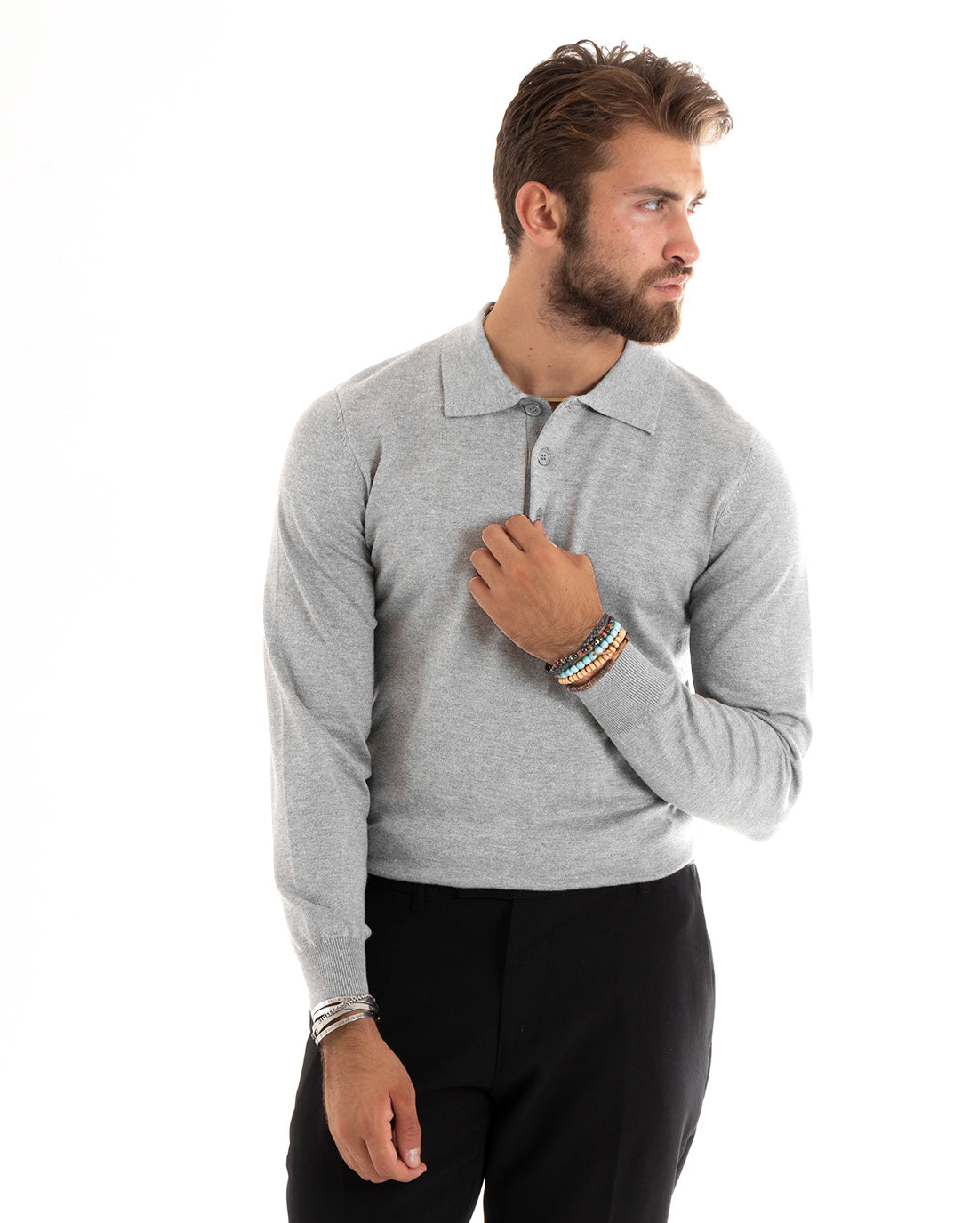 Maglioncino Uomo Casual Maglia Con Colletto Polo Tinta Unita Basic Grigio Chiaro GIOSAL-M2685A
