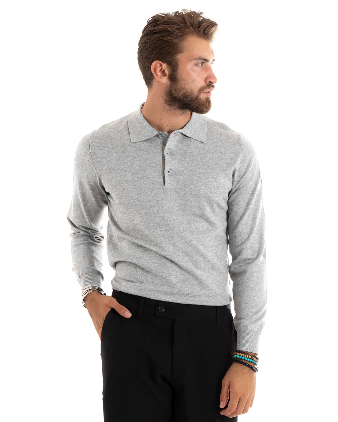 Maglioncino Uomo Casual Maglia Con Colletto Polo Tinta Unita Basic Grigio Chiaro GIOSAL-M2685A