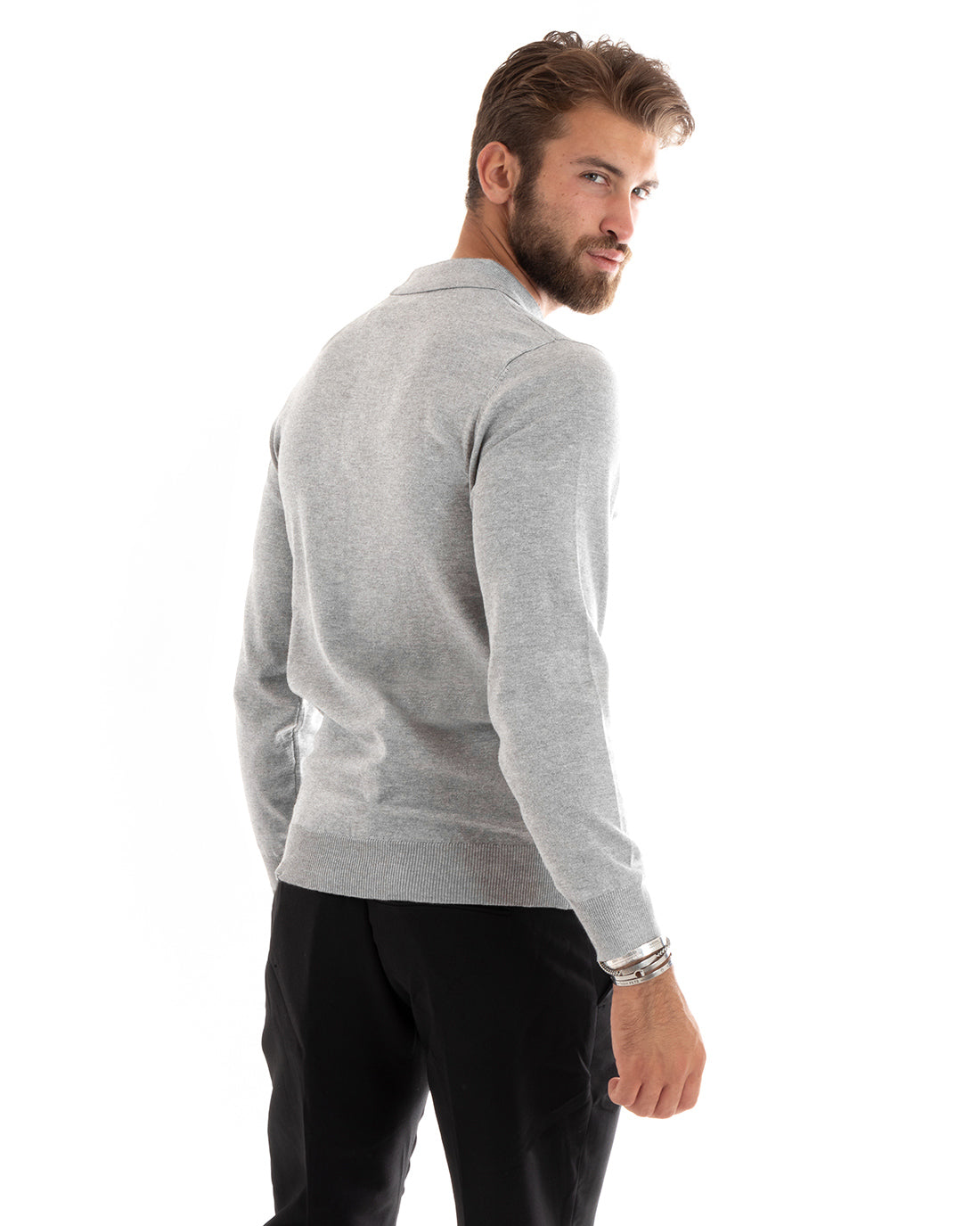 Maglioncino Uomo Casual Maglia Con Colletto Polo Tinta Unita Basic Grigio Chiaro GIOSAL-M2685A