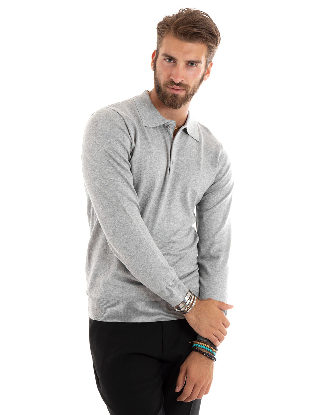 Maglioncino Uomo Casual Maglia Con Colletto Polo Tinta Unita Basic Grigio Chiaro GIOSAL-M2685A