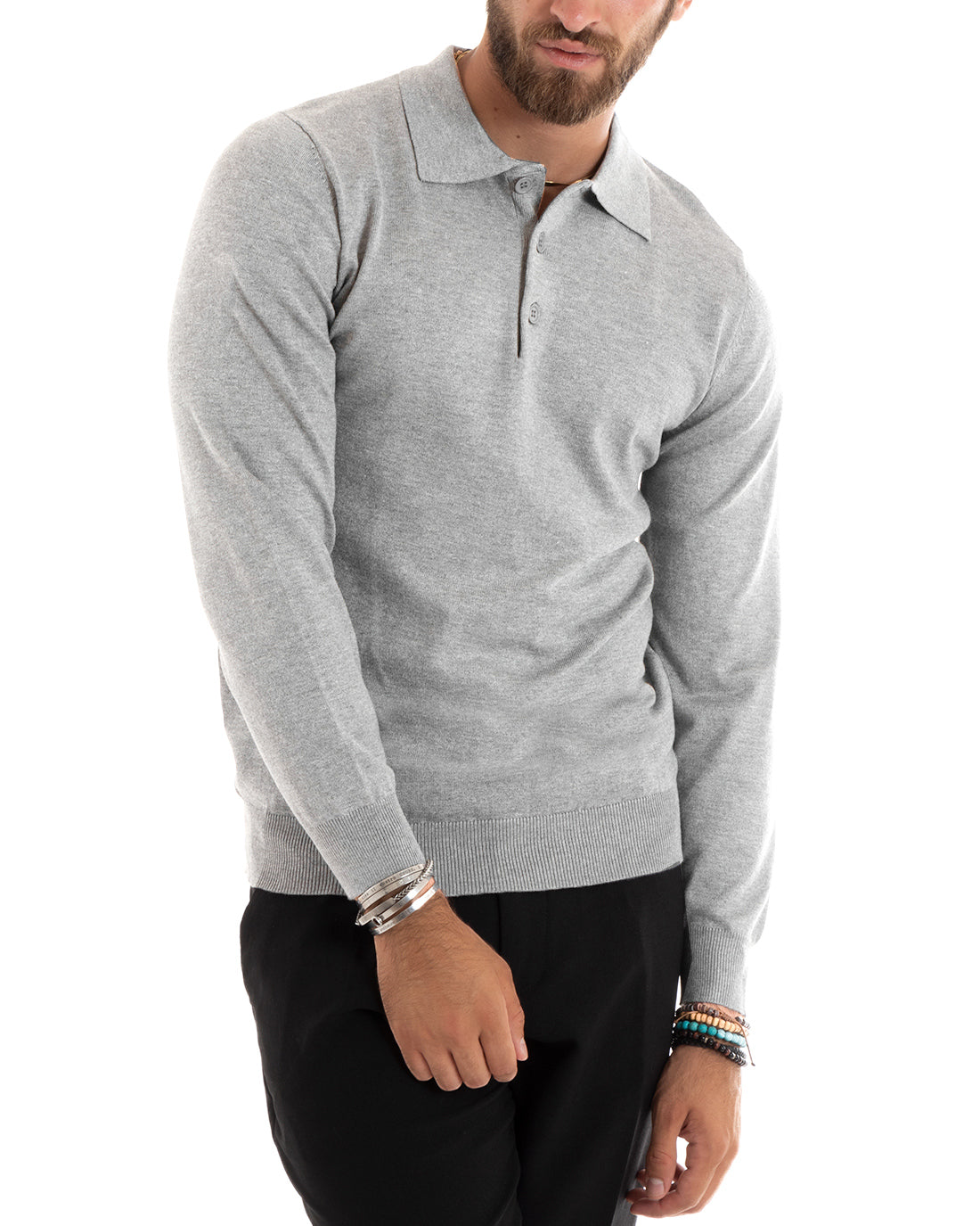 Maglioncino Uomo Casual Maglia Con Colletto Polo Tinta Unita Basic Grigio Chiaro GIOSAL-M2685A