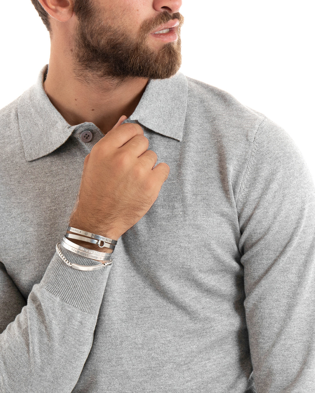 Maglioncino Uomo Casual Maglia Con Colletto Polo Tinta Unita Basic Grigio Chiaro GIOSAL-M2685A