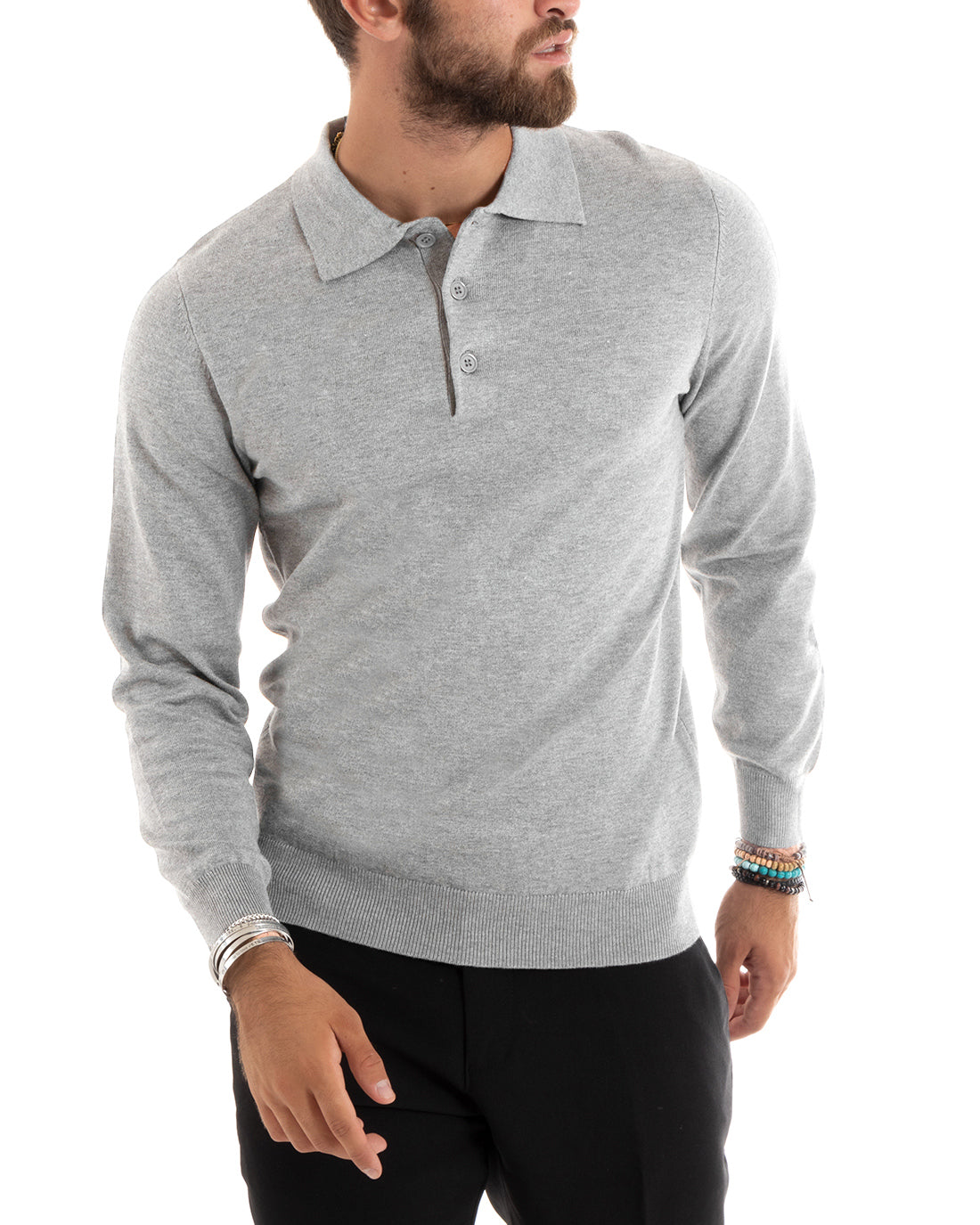 Maglioncino Uomo Casual Maglia Con Colletto Polo Tinta Unita Basic Grigio Chiaro GIOSAL-M2685A