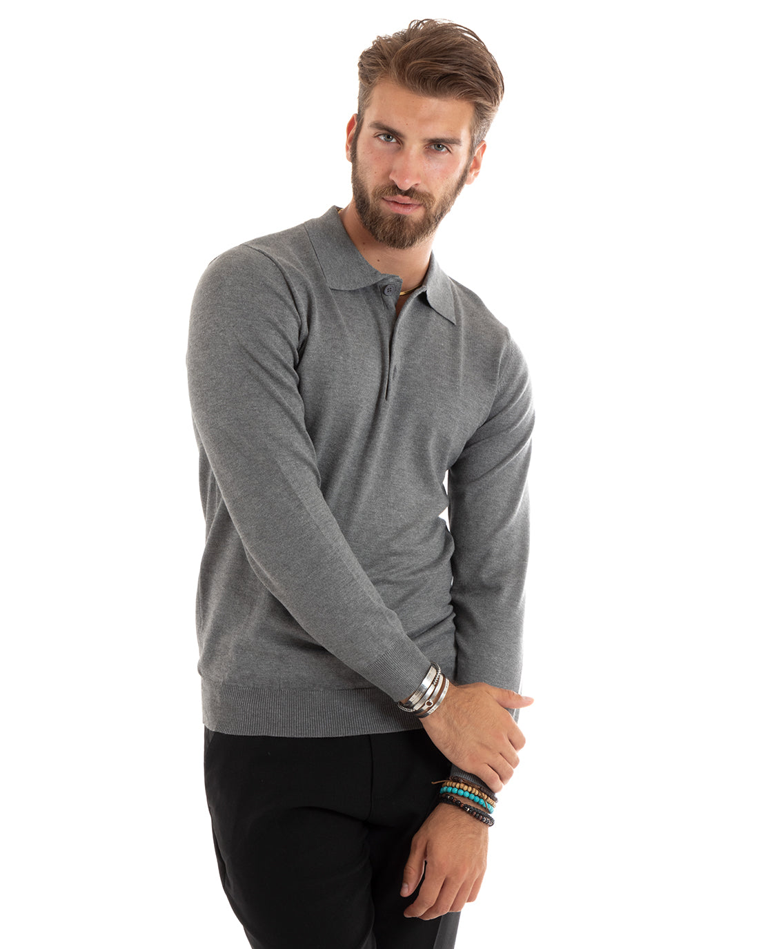 Men's Casual Sweater with Collar Basic Polo Dark Grey M2684A