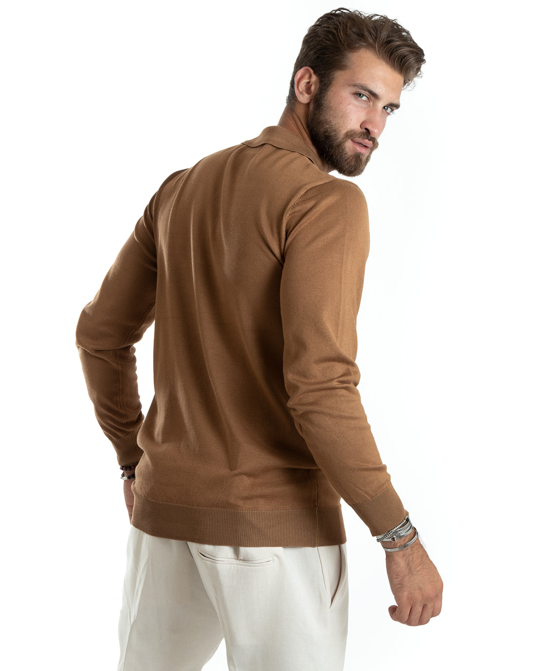 Maglioncino Uomo Casual Maglia Con Colletto Polo Tinta Unita Basic Camel GIOSAL-M2686A