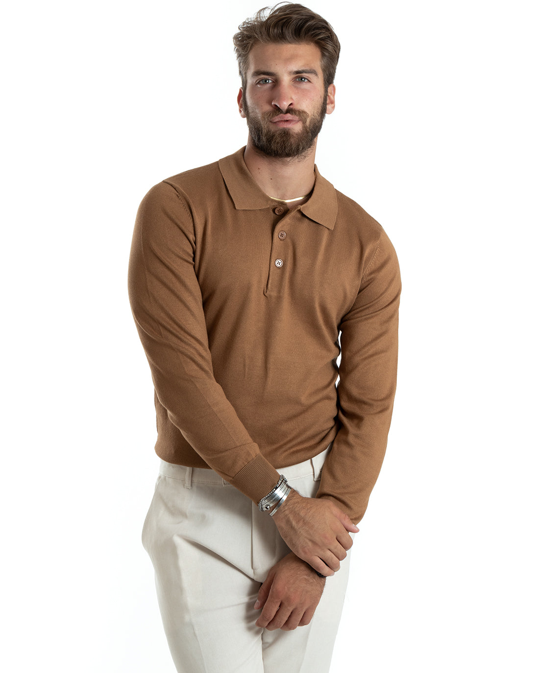 Maglioncino Uomo Casual Maglia Con Colletto Polo Tinta Unita Basic Camel GIOSAL-M2686A