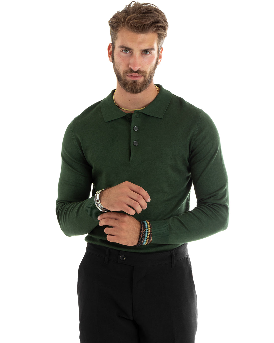 Maglioncino Uomo Casual Maglia Con Colletto Polo Tinta Unita Basic Verde GIOSAL-M2687A