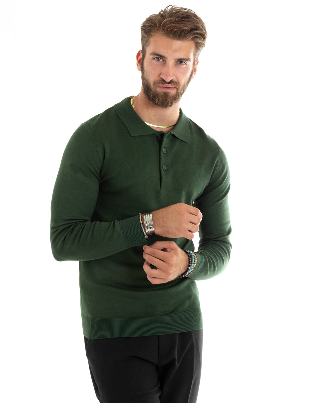 Maglioncino Uomo Casual Maglia Con Colletto Polo Tinta Unita Basic Verde GIOSAL-M2687A