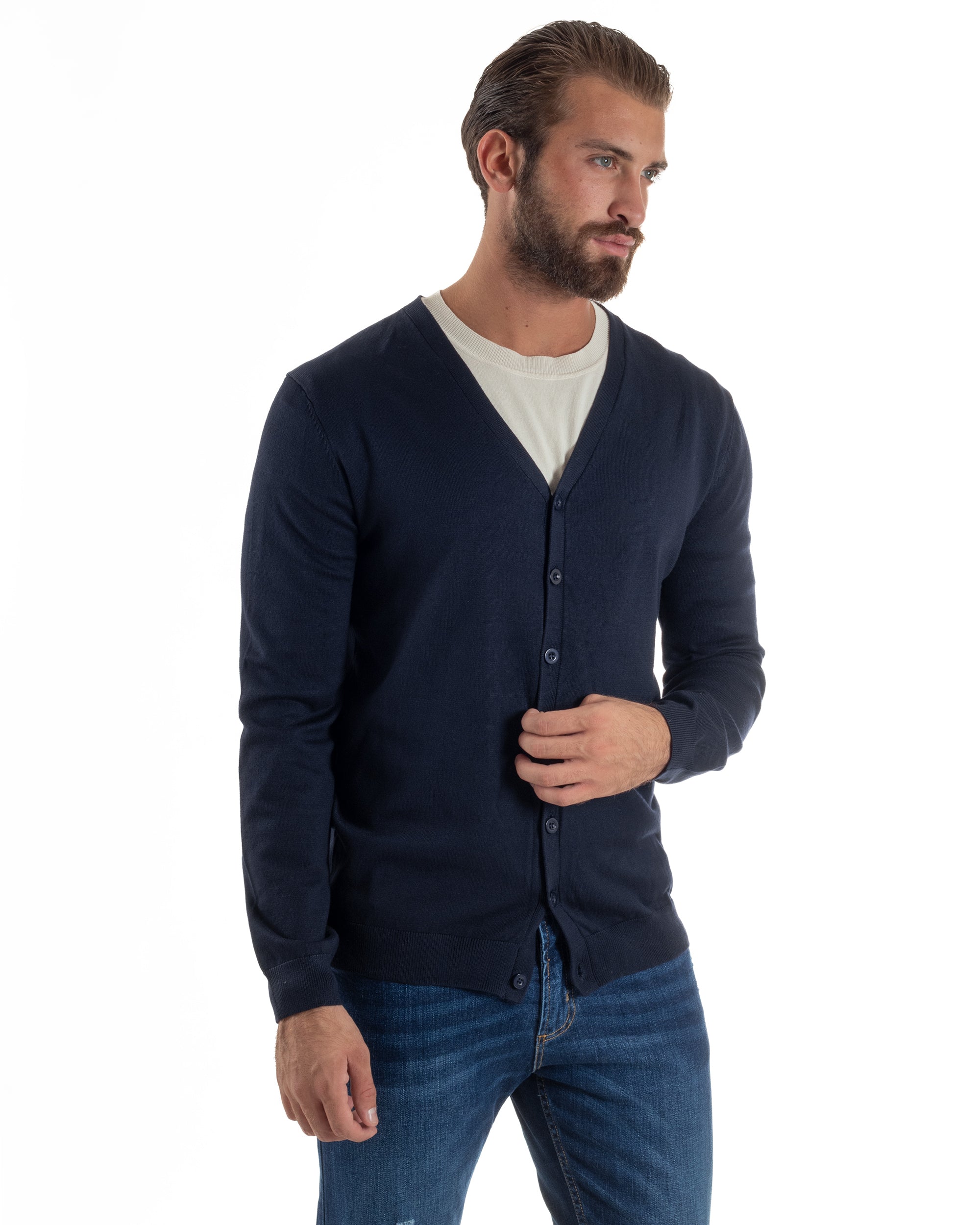 Cardigan Maglia Sottile Scollo a V Basic Blu M2688A