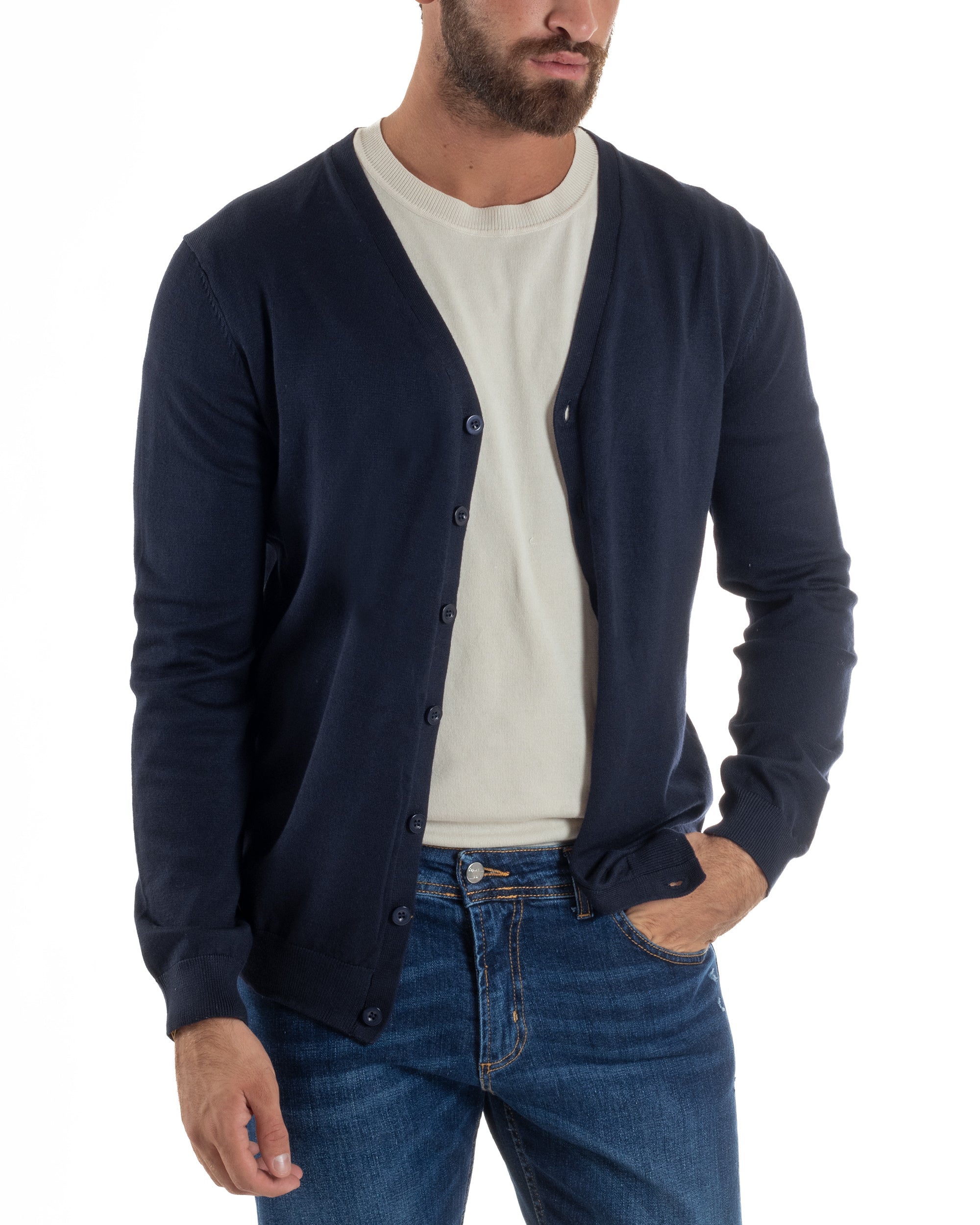 Cardigan Maglia Sottile Scollo a V Basic Blu M2688A