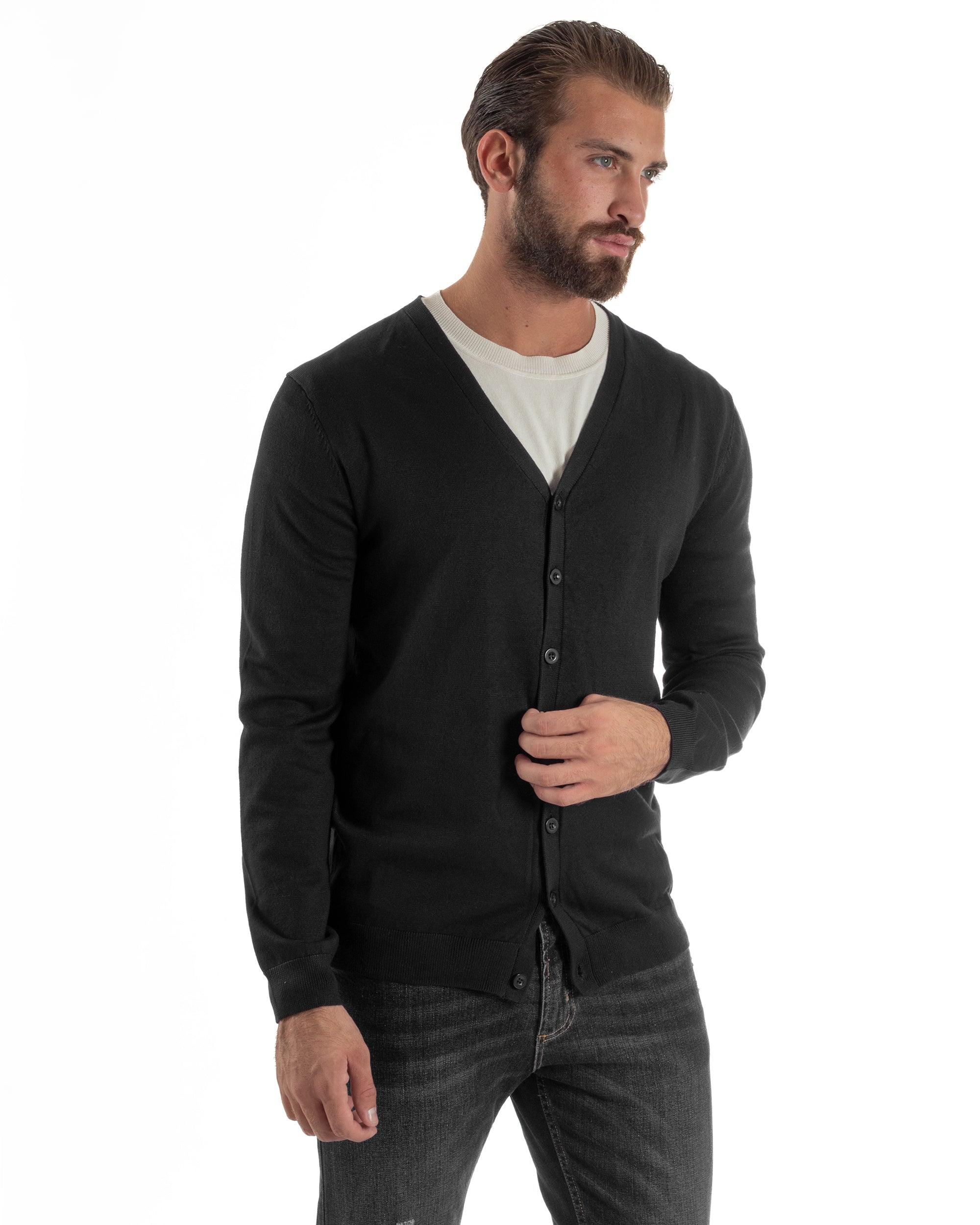 Cardigan Maglia Sottile Scollo a V Basic Nero M2689A