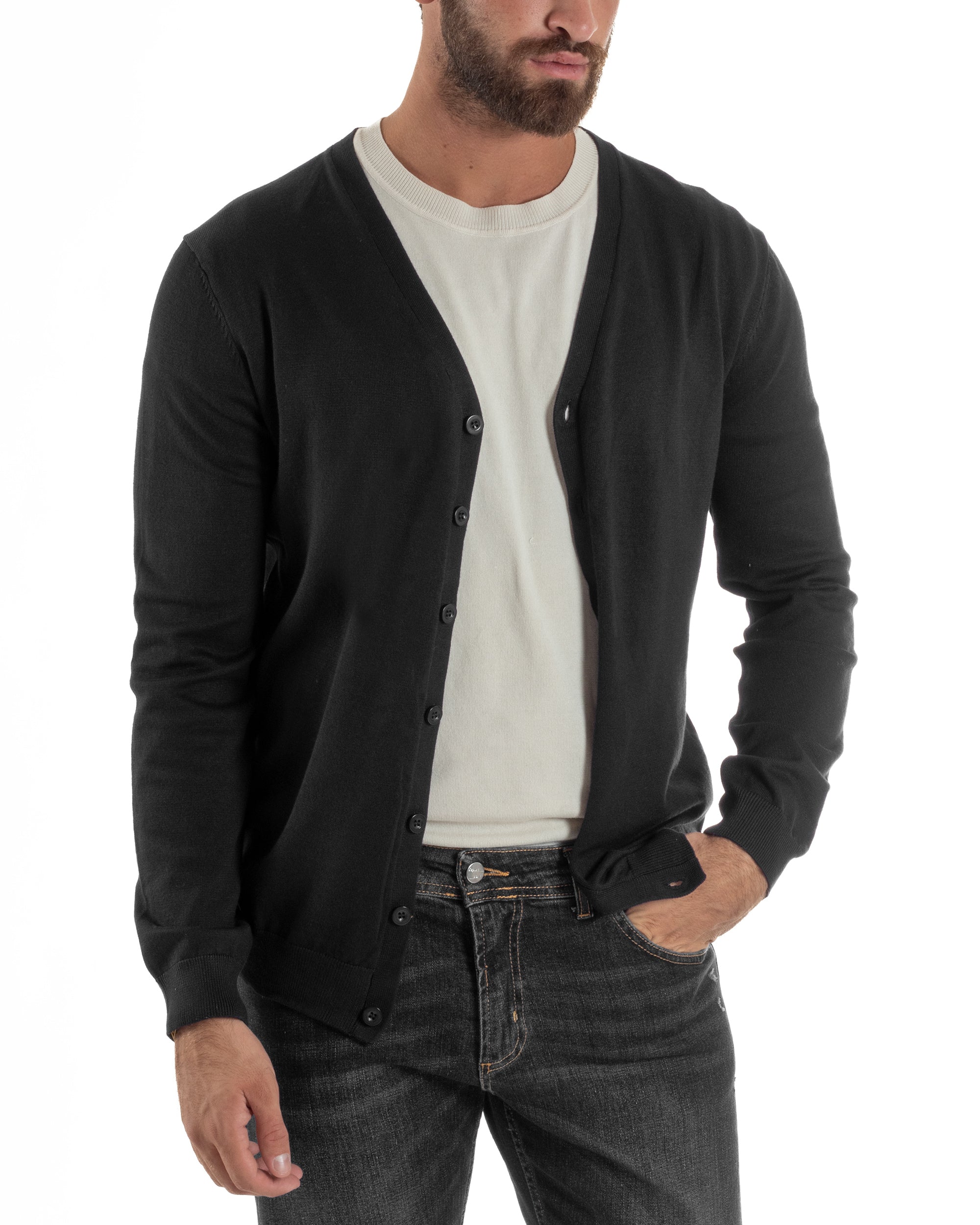 Cardigan Maglia Sottile Scollo a V Basic Nero M2689A