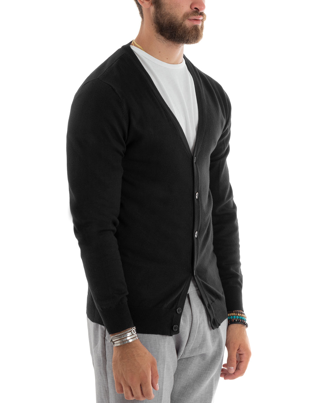 Cardigan Uomo Giacca Con Bottoni Maglioncino Scollo V Maglia Sottile Basic Nero GIOSAL-M2689A