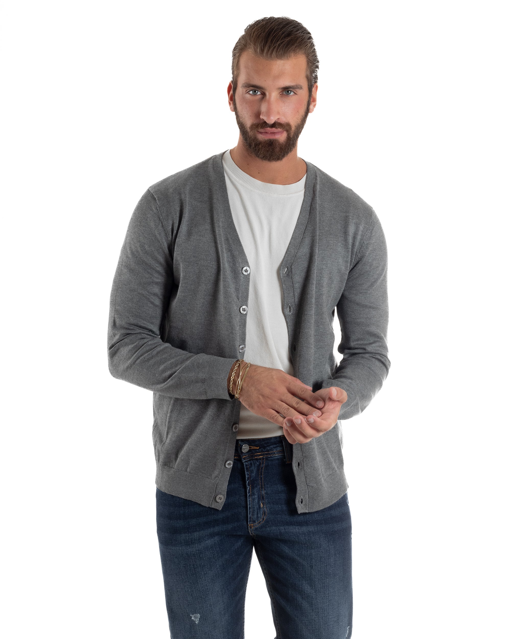 Cardigan Maglia Sottile Scollo a V Basic Grigio M2691A