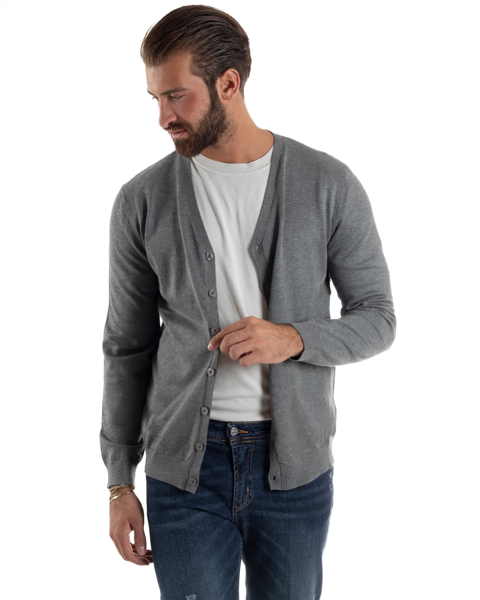 Cardigan Maglia Sottile Scollo a V Basic Grigio M2691A
