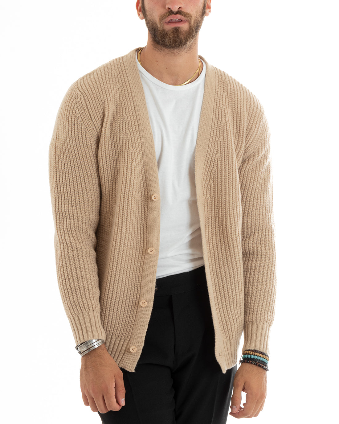 Cardigan Uomo Giacca Con Bottoni Maglioncino Scollo V Maglia Inglese Beige GIOSAL-M2693A