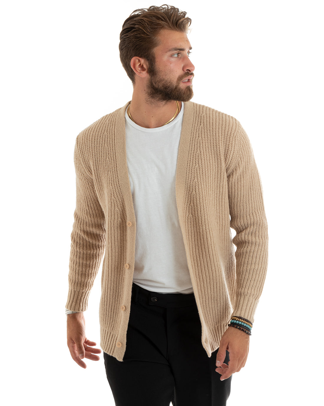 Cardigan Uomo Giacca Con Bottoni Maglioncino Scollo V Maglia Inglese Beige GIOSAL-M2693A