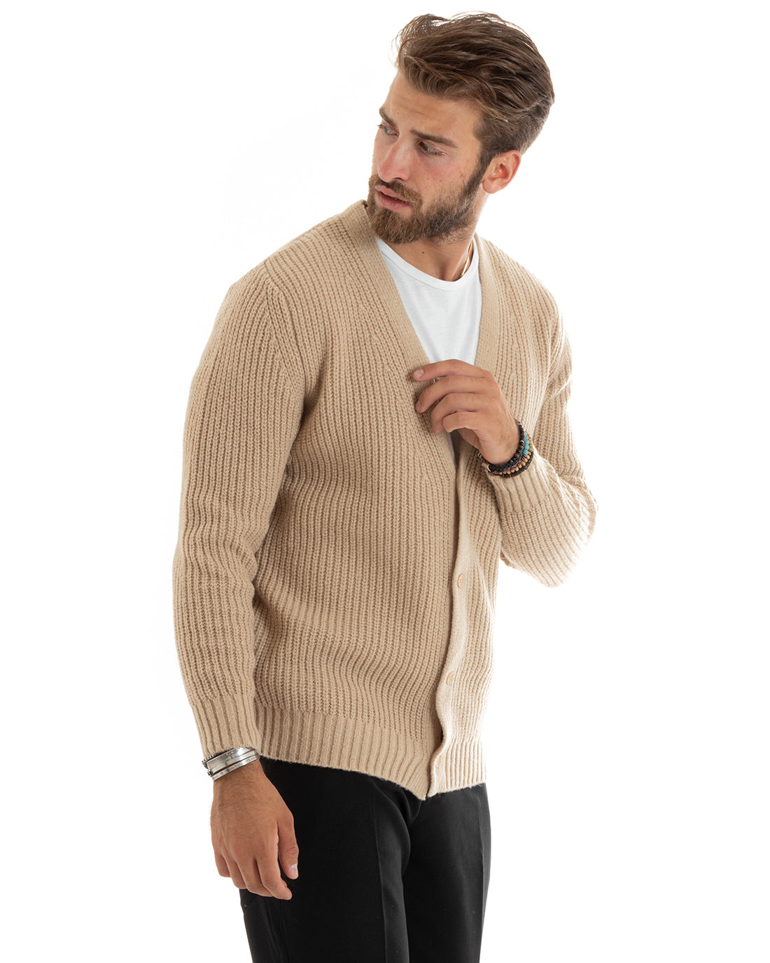 Cardigan Uomo Giacca Con Bottoni Maglioncino Scollo V Maglia Inglese Beige GIOSAL-M2693A