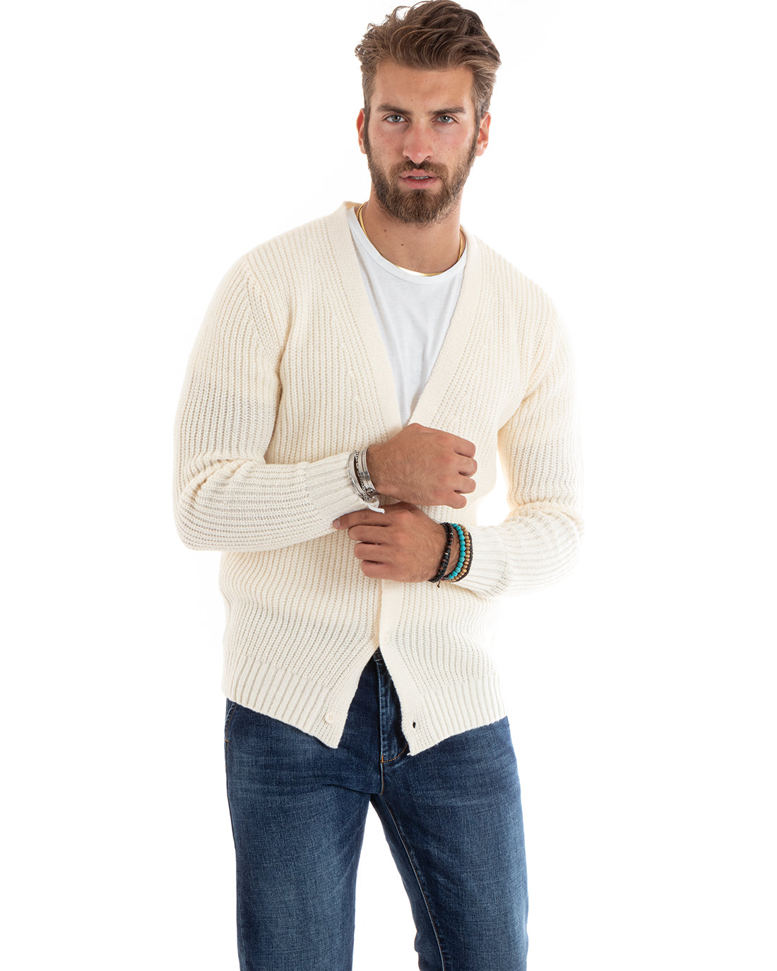 Cardigan Uomo Giacca Con Bottoni Maglioncino Scollo V Maglia Inglese Panna GIOSAL-M2695A