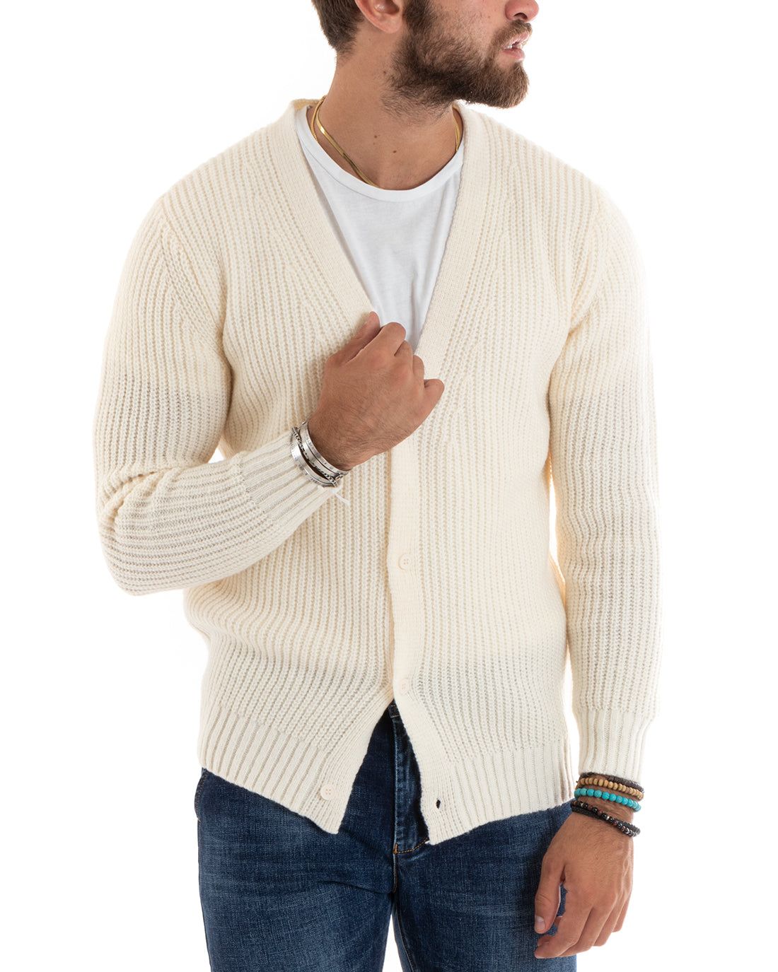 Cardigan Uomo Giacca Con Bottoni Maglioncino Scollo V Maglia Inglese Panna GIOSAL-M2695A