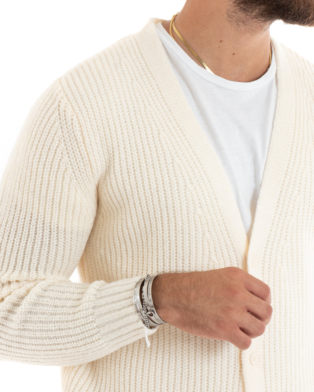 Cardigan Uomo Giacca Con Bottoni Maglioncino Scollo V Maglia Inglese Panna GIOSAL-M2695A