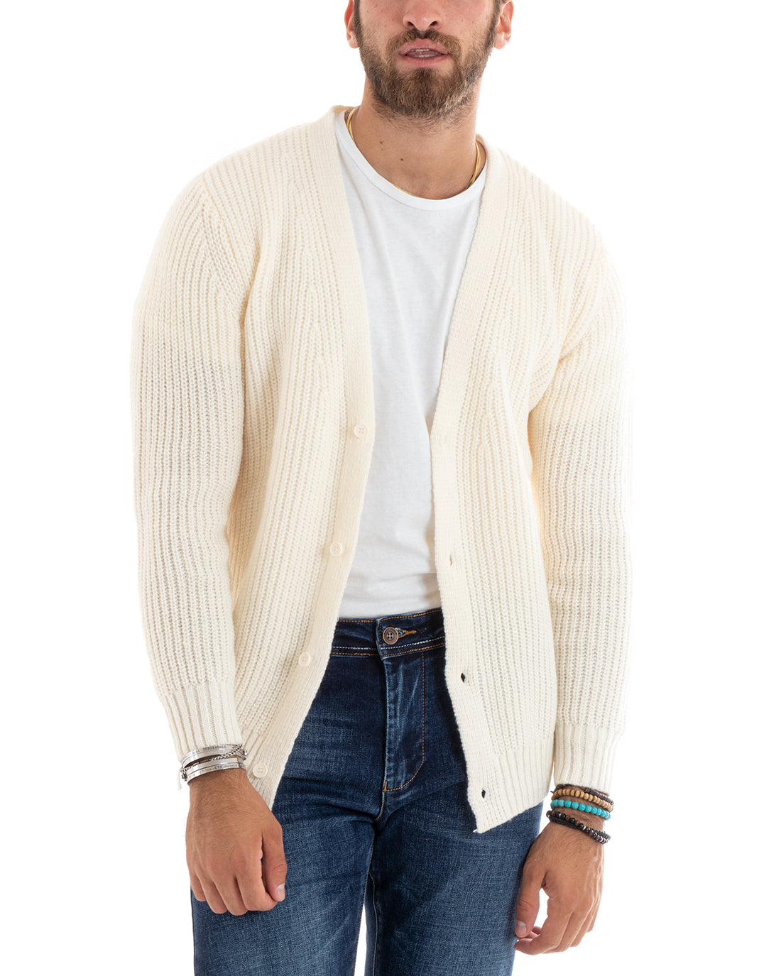 Cardigan Uomo Giacca Con Bottoni Maglioncino Scollo V Maglia Inglese Panna GIOSAL-M2695A