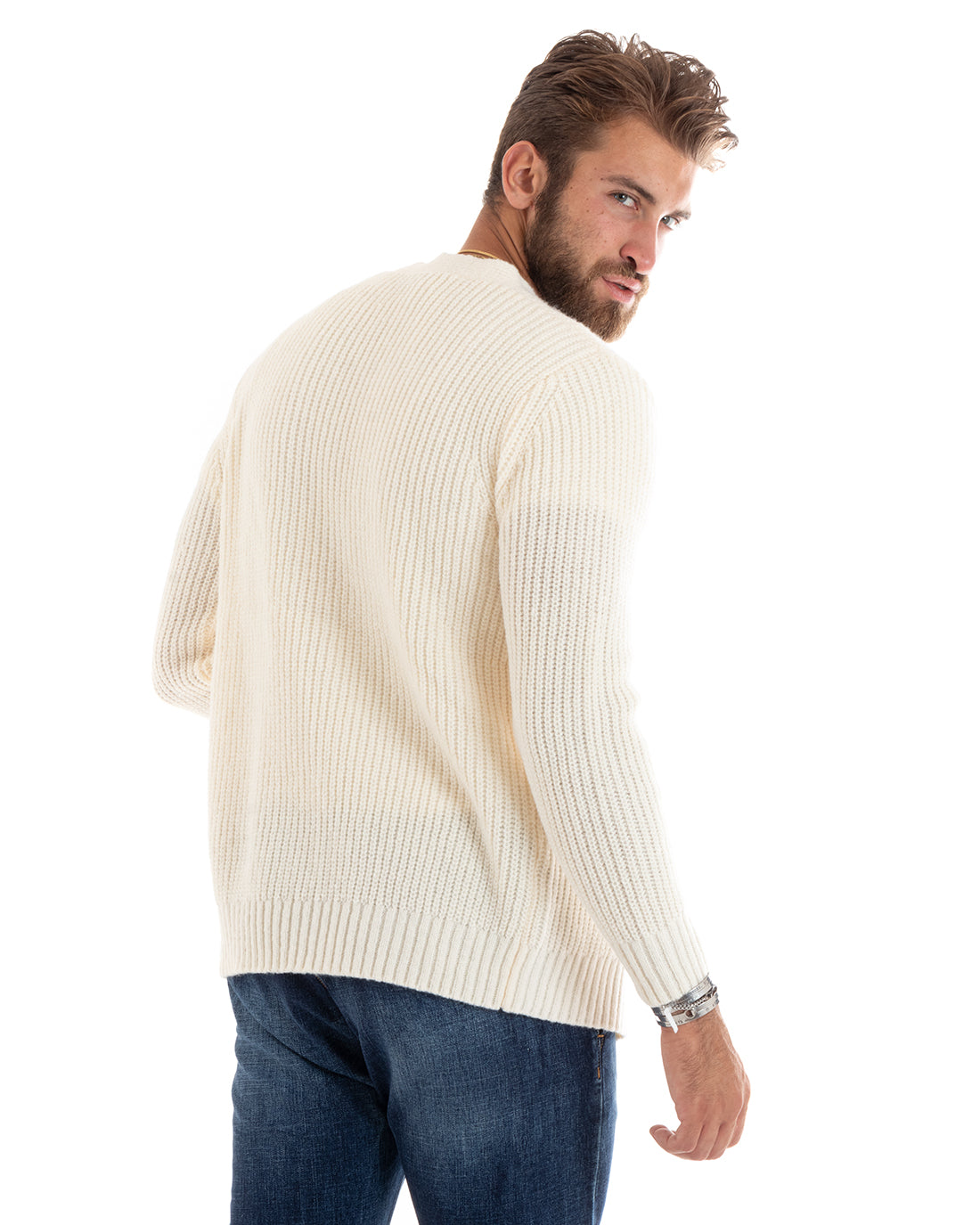 Cardigan Uomo Giacca Con Bottoni Maglioncino Scollo V Maglia Inglese Panna GIOSAL-M2695A
