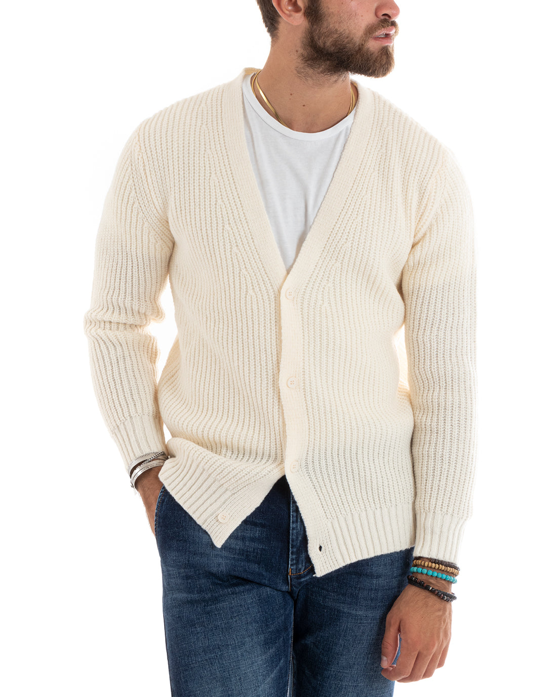 Cardigan Uomo Giacca Con Bottoni Maglioncino Scollo V Maglia Inglese Panna GIOSAL-M2695A