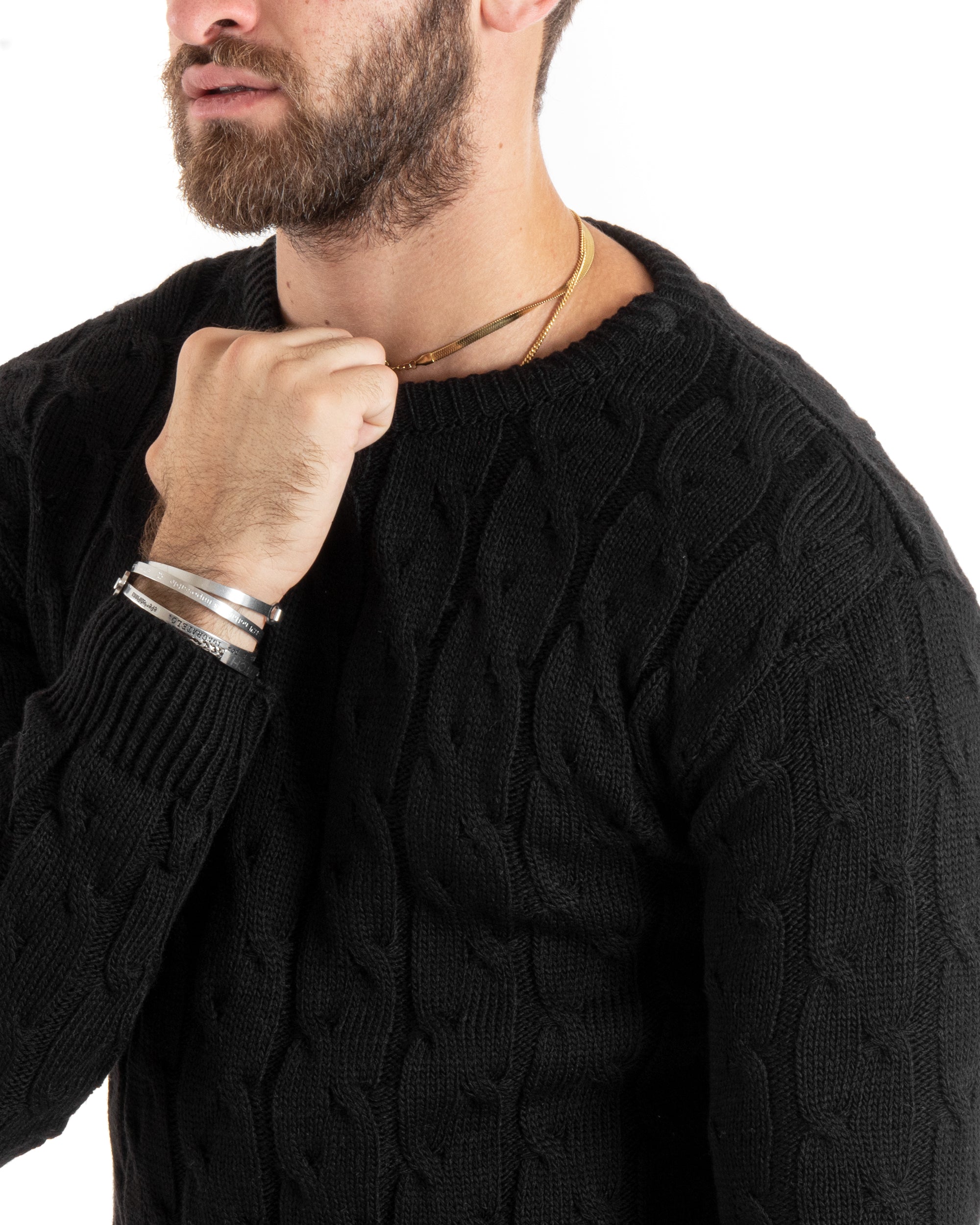 Maglioncino Uomo Girocollo Maglia Inglese Basic Trecce Nero GIOSAL-M2709A