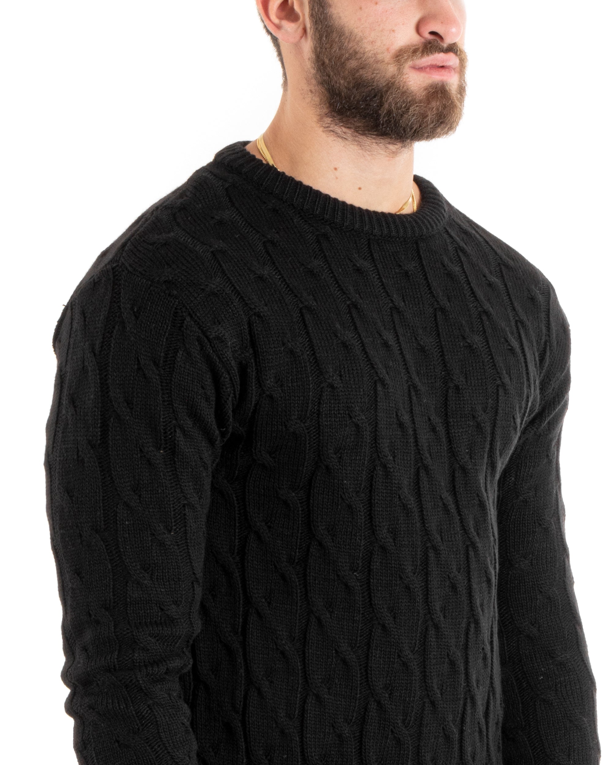 Maglioncino Uomo Girocollo Maglia Inglese Basic Trecce Nero GIOSAL-M2709A