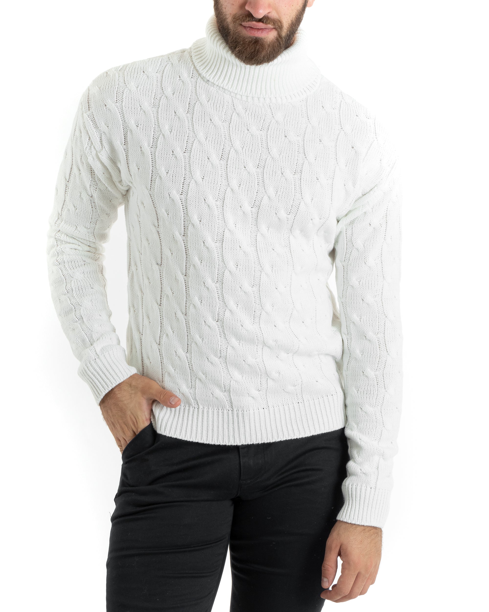 Bianco Maglione Intrecciato Collo Alto Maglioncino Uomo Collo Alto