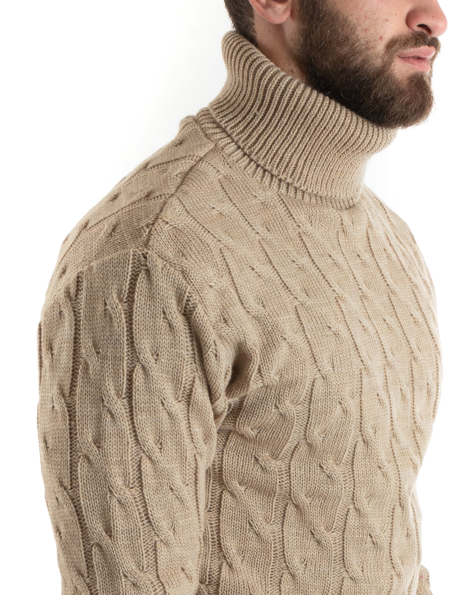 Maglioncino Uomo Collo Alto Maglia Inglese Con Trecce Beige Pullover Dolcevita GIOSAL-M2713A