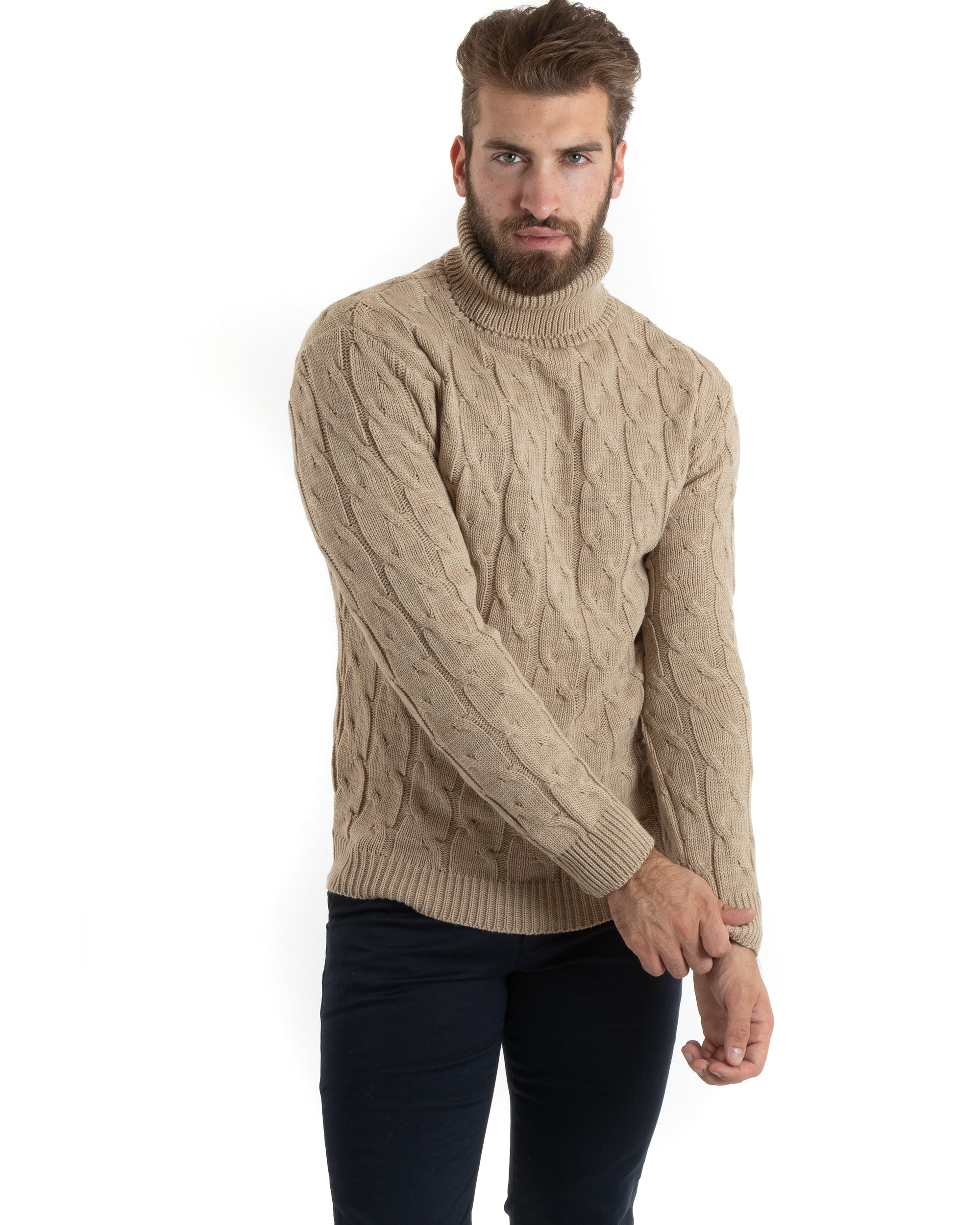 Maglioncino Uomo Collo Alto Maglia Inglese Con Trecce Beige Pullover Dolcevita GIOSAL-M2713A